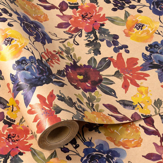 RUSPEPA Watercolor Floral Gift Wrapping Paper - Mini Roll - Kraft Paper Roll for Girls, Women, Bridal Shower and Birthday - 17 Inches x 16. 4 Feet