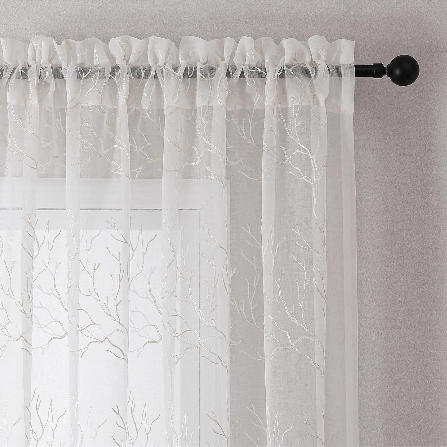 VISIONTEX Sheer Curtains 95 inch Length 2 Panels Set, Decorative Beige Coral Embroidery, Rod Pocket Embroidered Window Drapes for Living Room and Bedroom, 54" x 95"