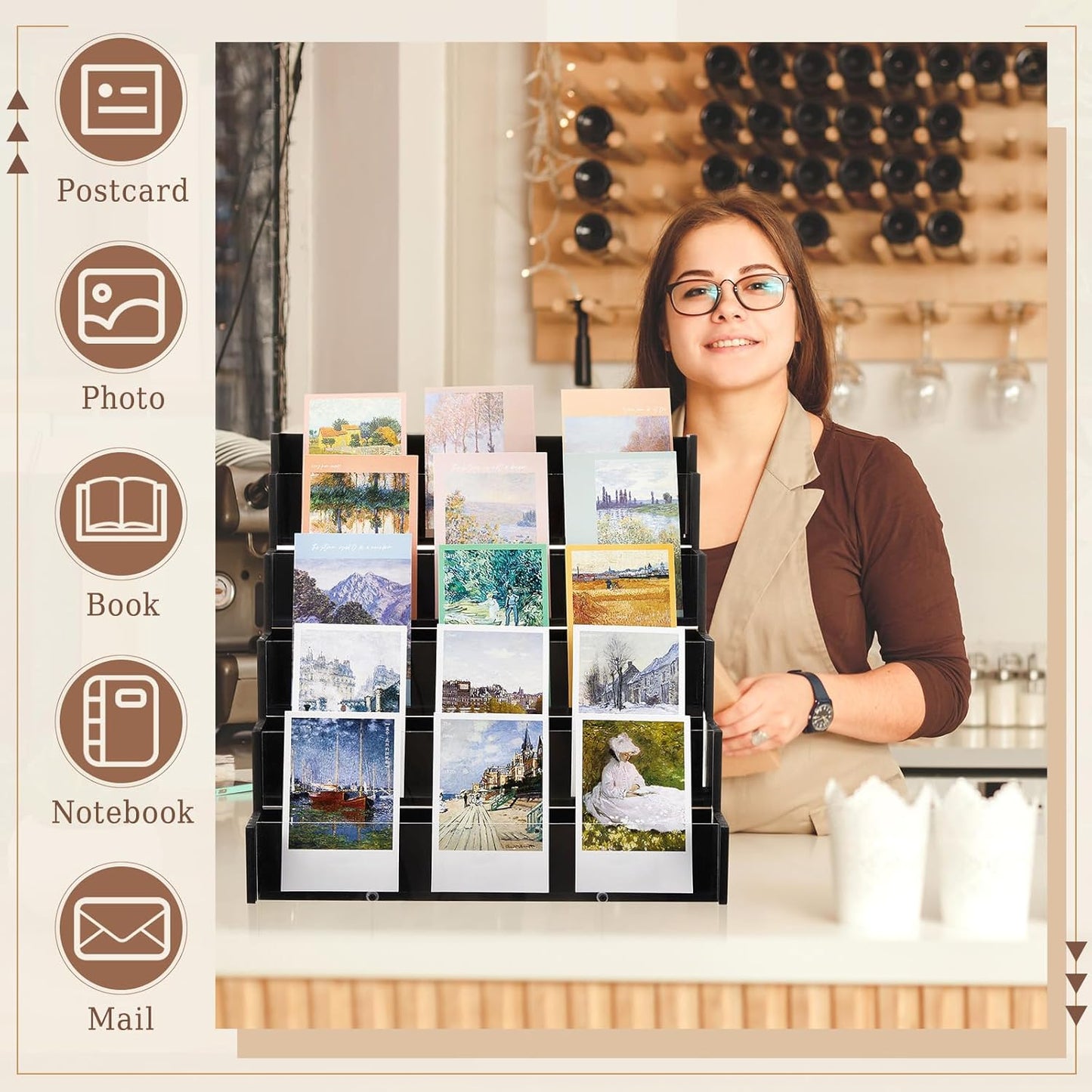 5 Tier Greeting Card Display Stand Black Bamboo and Acrylic Sticker Display Stand Trading Card Holder Retail Photos Shelf for Vendors Craft Collection & Show