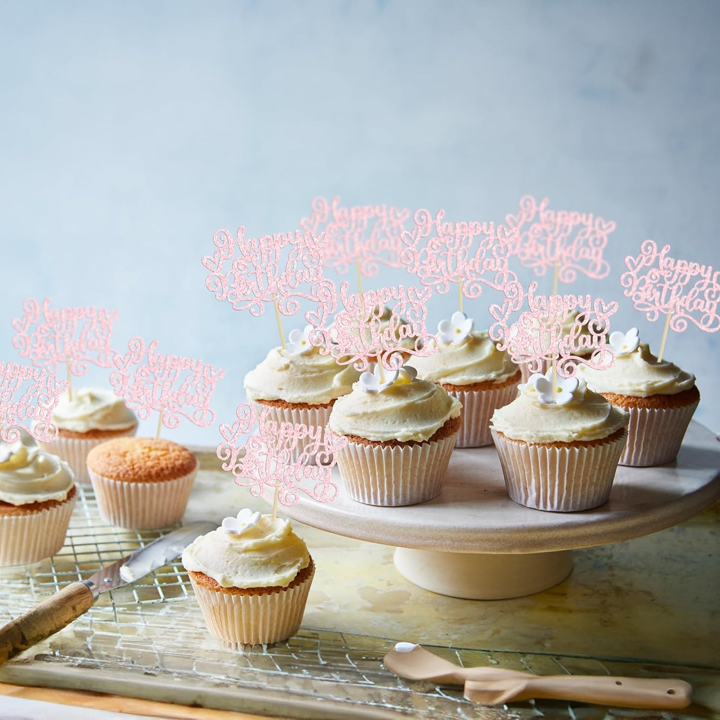Gyufise 24Pcs Happy Birthday Cupcake Toppers Glitter Happy Birthday Cupcake Picks for Celebrating Happy Birthday Anniversary Theme Party Cake Decorations Supplies Light Pink