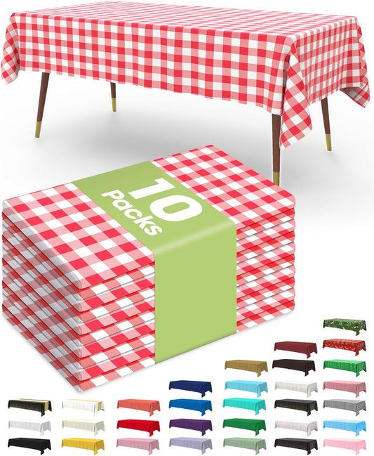 Pureegg Plastic Table Cloth Disposable 10 Pack, 54 x 108 Inch Table Cloths, Party, Picnic, Decorative Gingham Tablecloths, Rectangle, Red and White Checkered Cover, Leakproof & Sturdy, Red Plaid
