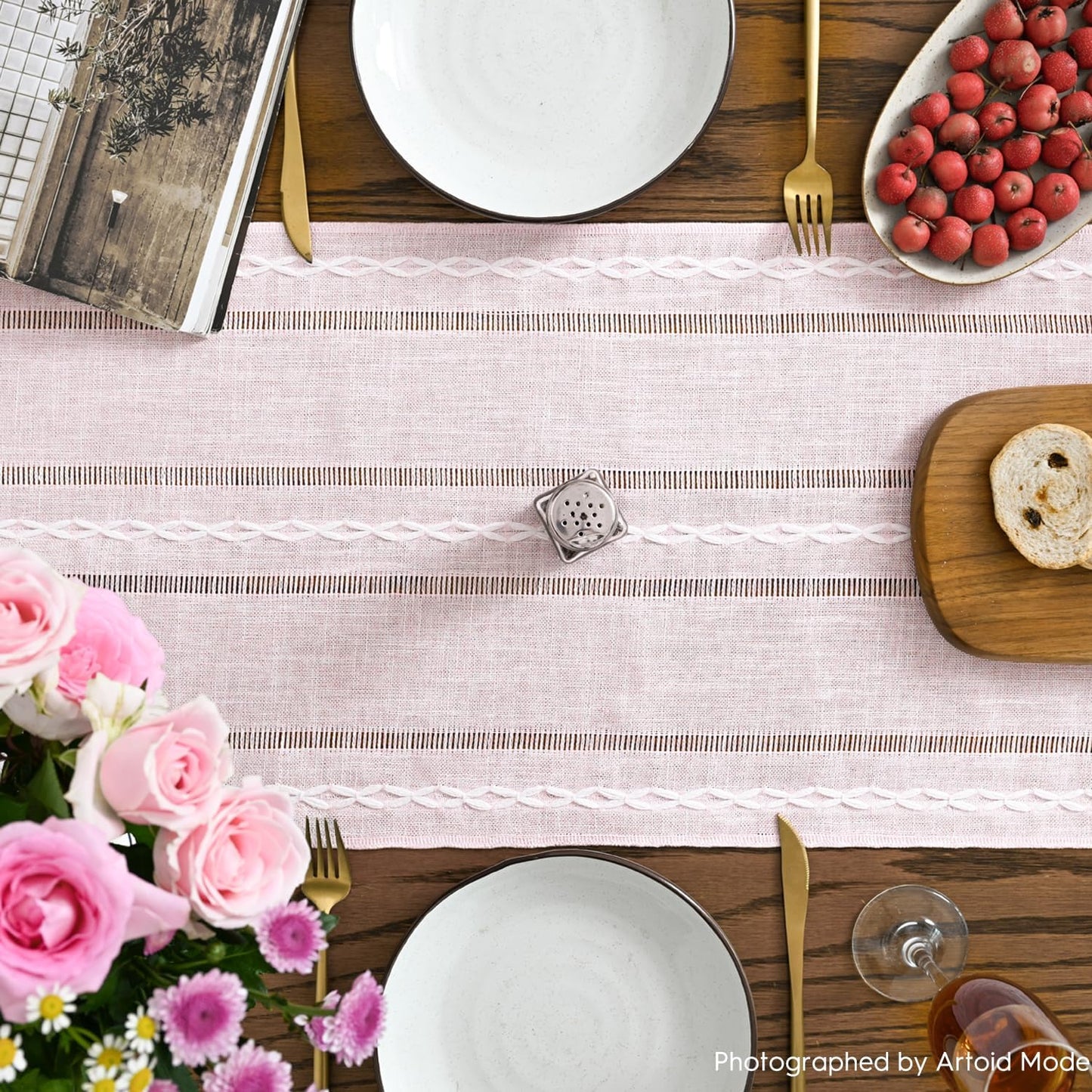 Artoid Mode Pink Rustic Cotton Linen Table Runner, Seasonal Embroidered Hollow Kitchen Dining Table Decoration for Home Party Decor 13x108 Inch