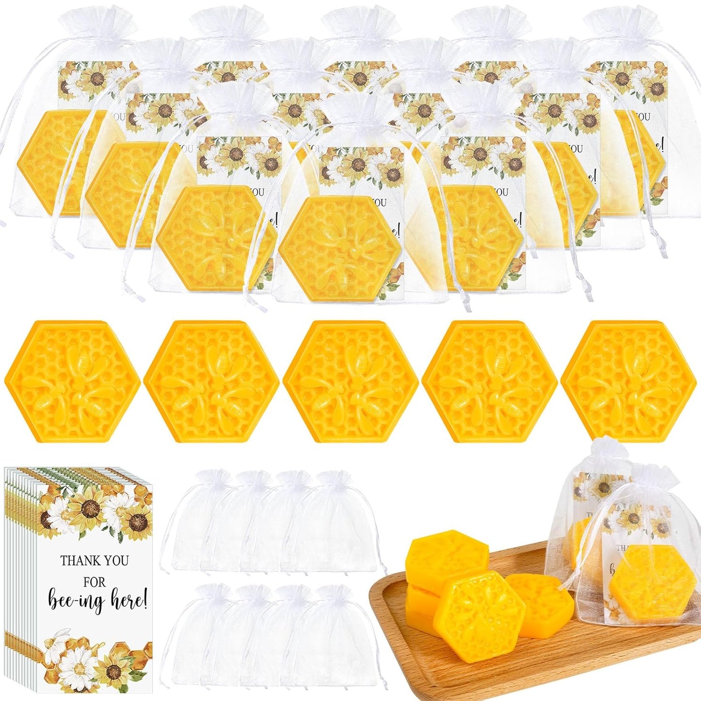 Demissle 100 Set Bee Themed Baby Shower Favors Including Honeycomb Soap with Thank You Card Gift Bags Honey Soap Gift for Guest Gender Reveal Party Decorations Baby Shower Game Prizes