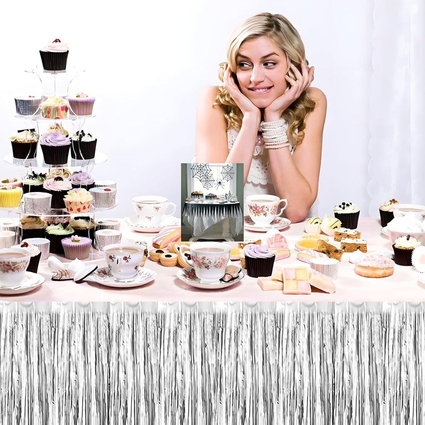 3 Pack 29x108 Inch Silver Foil Fringe Table Skirts Metallic Banner for Tinsel Streamer Garland Backdrop for Parade Floats Wedding Thanksgiving Birthday Christmas Halloween Party Decoration