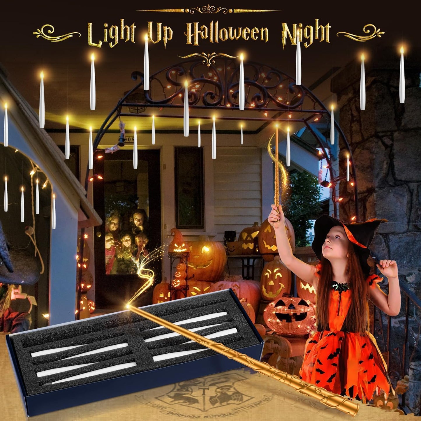 Floating Candles with Wand - 18 Pcs Halloween Decorations Magic Flameless Candles Flickering Warm Light Battery Operated LED Hanging Candles for Christmas Window Bedroom Birthday Party Decor
