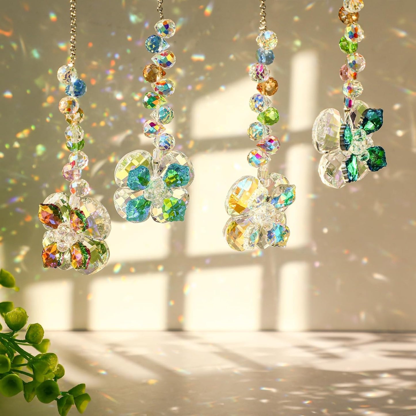 HDCRYSTALGIFTS 4pcs Four Leaf Clover Sun Catchers with Crystals Rainbow Prisms Window Suncatcher Hanging Indoor Decorations, St Patricks Day Accessories Spiritual Gifts for Women, Mom, Family, Friends