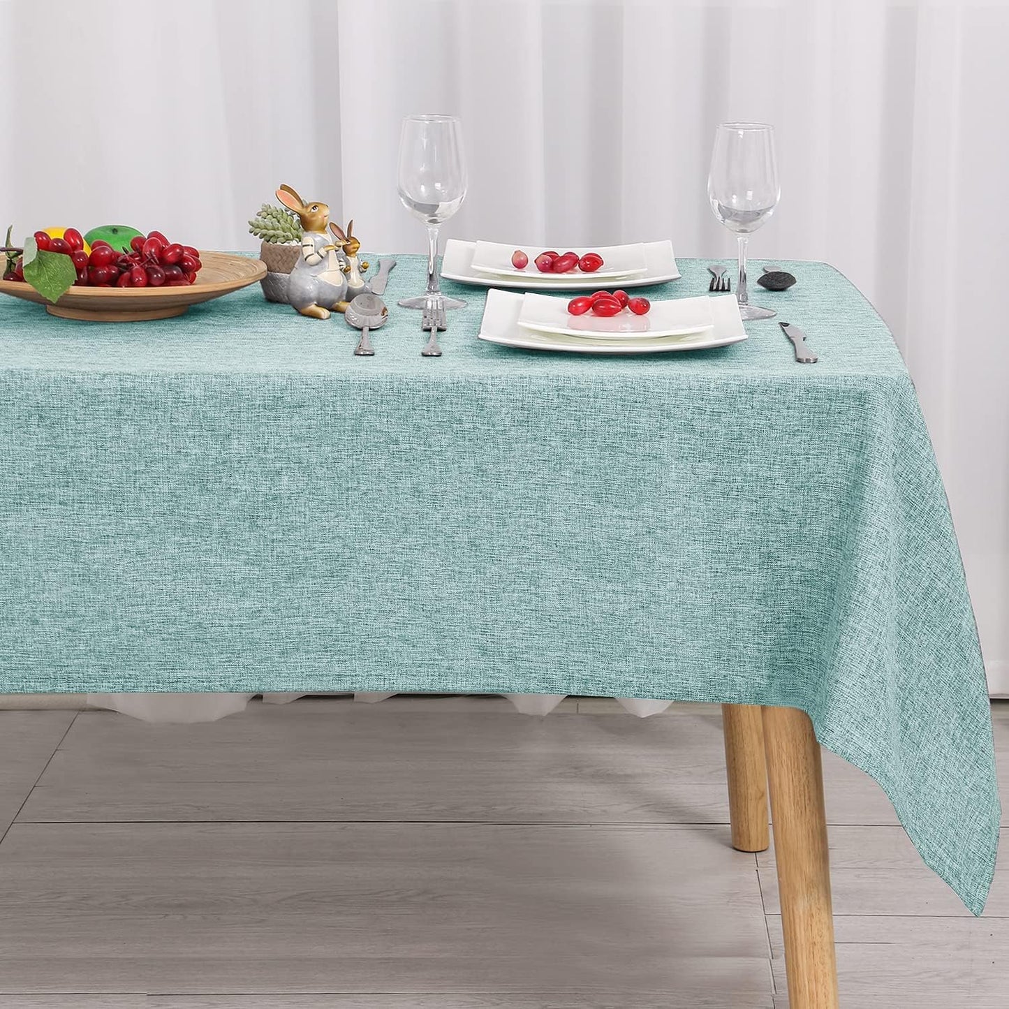 Hiasan Faux Linen Rectangle Tablecloth - Wrinkle and Stain Resistant Washable Table Cloth for Kitchen Dining Room Holiday Table Cover for Party Dinner, Aqua, 90 x 132 Inch