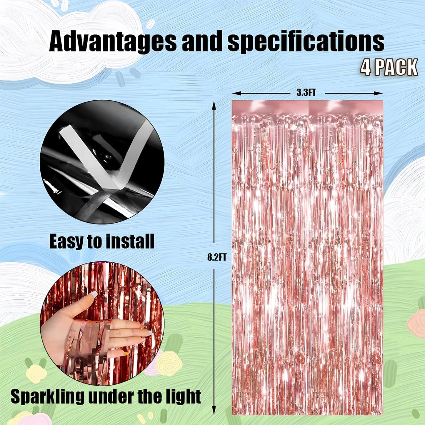 Keyali 4 Pack 3.3 * 8.3 ft Foil Curtain Metallic Tinsel Fringe Curtains Photo Booth Props Backdrop for Birthday Wedding Engagement Baby Shower Christmas Holiday Celebration Partyl,Rose Gold