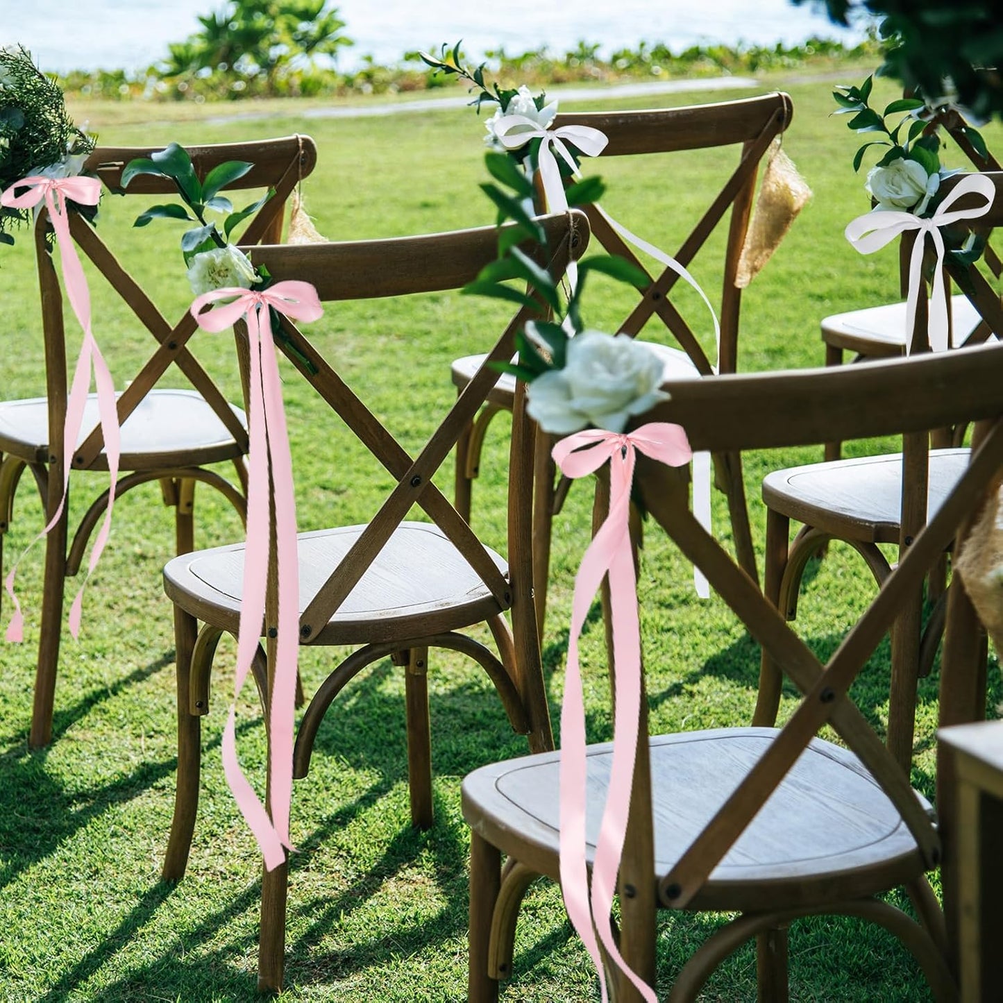 Big Bow with 24 Pcs Chair Ribbon Wedding Aisle Decorations, 78x18 inch Giant Bow for Backdrop Detachable Bow for Dress, Pew Bows Sashes for Chair Wedding Ceremony Outdoor Party (Pink)