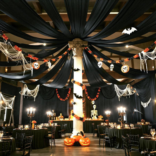 PartyVillage 60ftx40ft Black Ceiling Curtain for Halloween Parties – 12 Panels Wrinkle-Free 40 FT Long Tent Draping Curtains for Wedding, Birthday & Theme Parties, 40ft Height with Rod Pocket