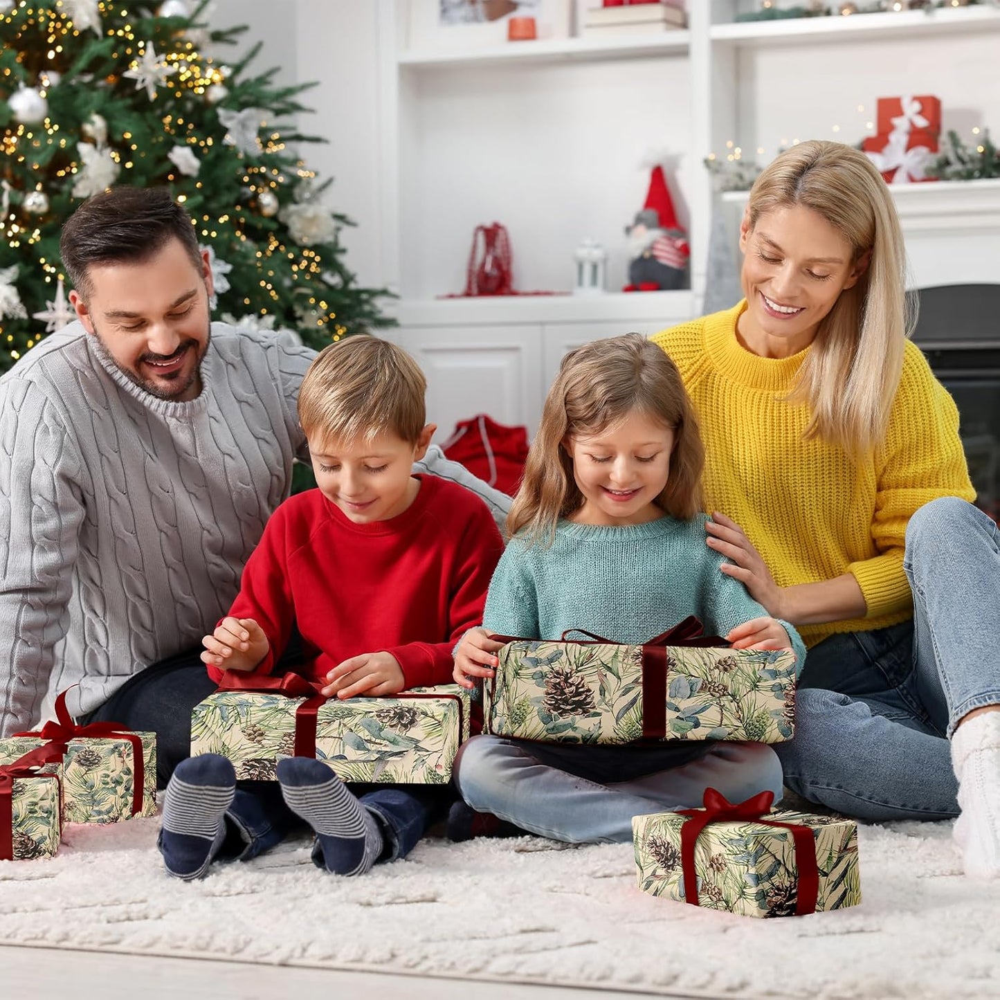 RUSPEPA 30" X 100' Kraft Christmas Wrapping Large Paper Roll, Jumbo Roll, Watercolor Pinecone and Eucalyptus Leaf Design, Kraft Gift Wrap for Christmas, Winter Holiday Party, Rustic Natural Theme