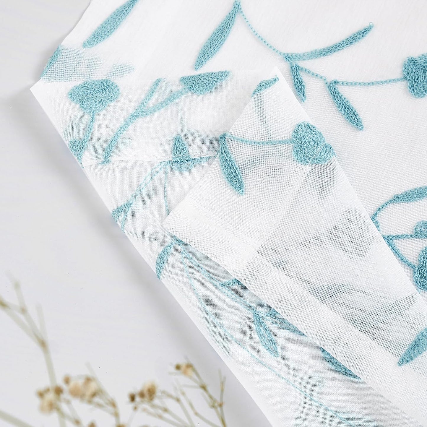 Sheer Curtains White-Blue 45 Inches Long Floral Embroidery Rod Pocket Voile Drapes for Living room, Bedroom, Window Treatments Semi Lace Outdoor Curtain Panels for Yard, Kitchen, Set of 2, 52"x 45".