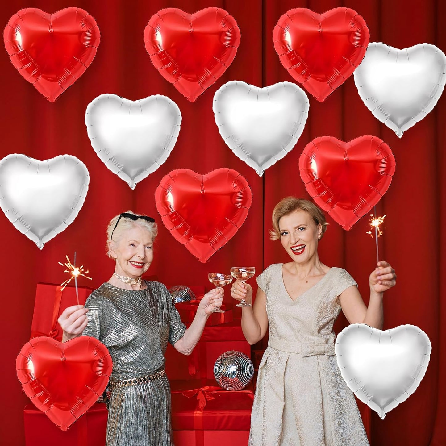 Red Silver Heart Balloons,12Pcs 18Inch Silver Red Heart Shaped Foil Helium Foil Balloons for Baby Shower Birthday Anniversary Wedding Engagement Party Decorations