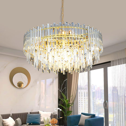 Gold Copper Crystal Chandelier Lighting 31'' for Dining Rooms Bedroom Foyer Entryway Ceiling Hanging Pendant Chandelier Light Fixture Lamp