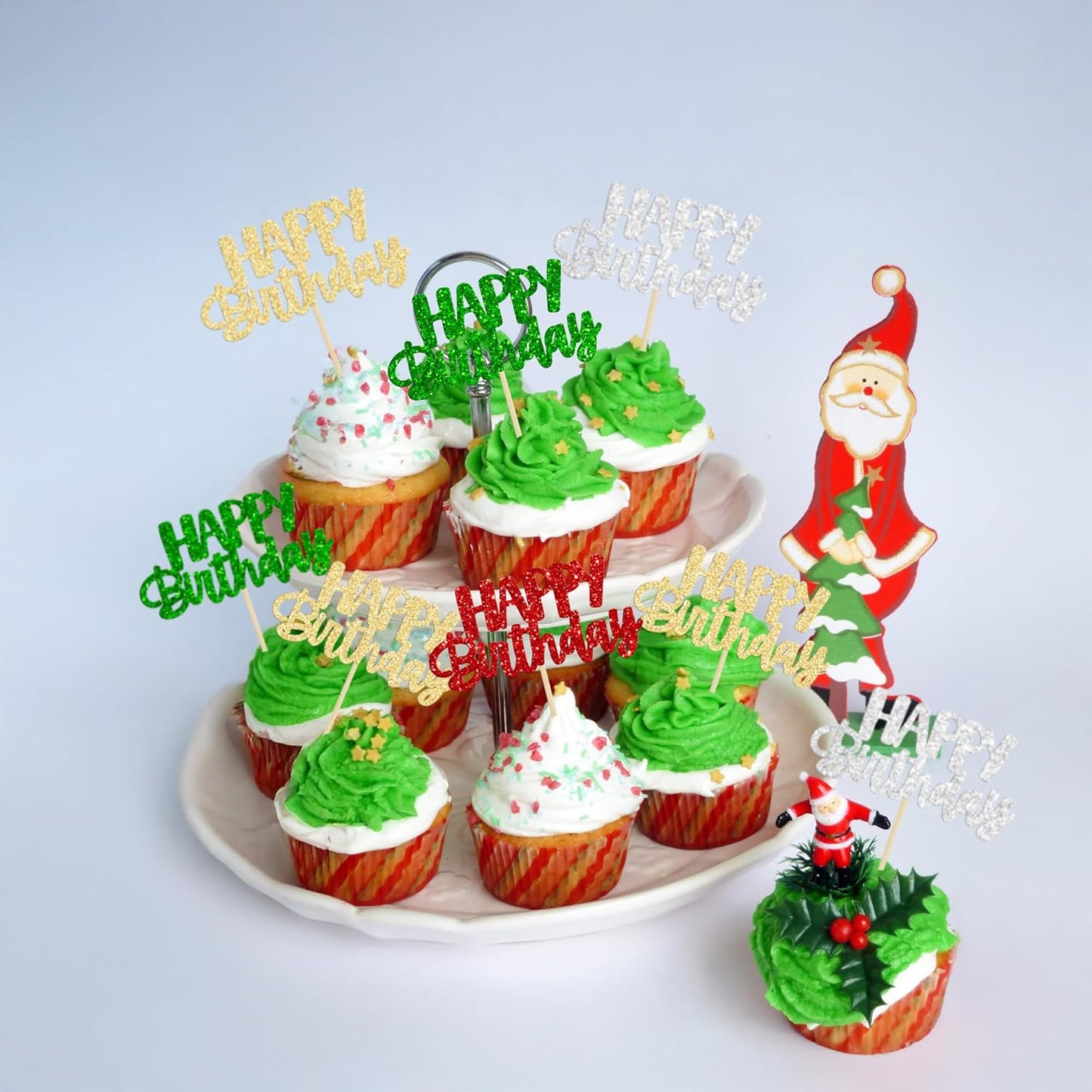 Gyufise 24Pcs Happy Birthday Cupcake Toppers Glitter Birthday Cupcake Food Picks for Celebrating Happy Halloween Theme Party Cake Decorations Supplies Silver Red Green Gold