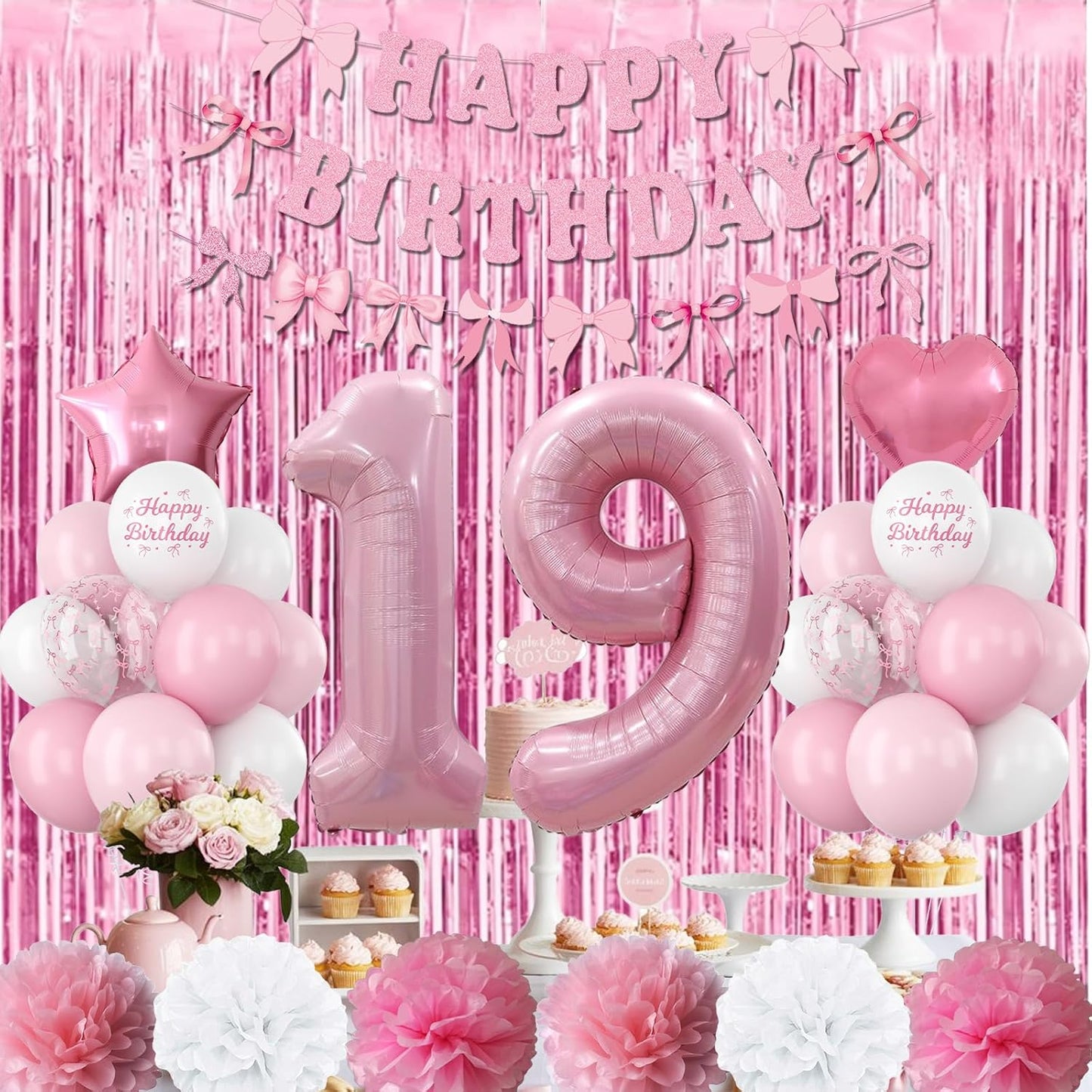 19th Birthday Decorations for Girls Pink Number 19 Balloon Bow Coquette Happy Birthday Banner Fringe Curtain Paper Pom Poms Star Heart Foil Pink White Balloons 19 Year Old Party Decor for Her