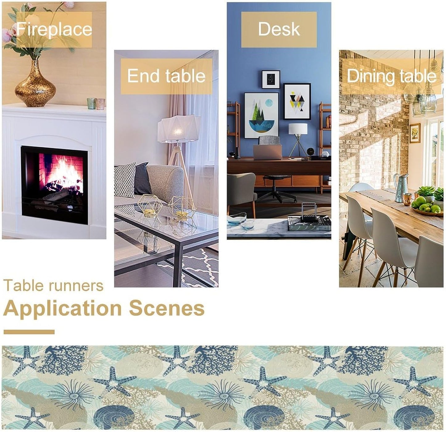 Nautical Coastal Table Runner，Ocean Themed Starfish Coral Conch Beach Kitchen Dinning Table Decoration for Indoor Outdoor Home Party Decor 13x108 Inch