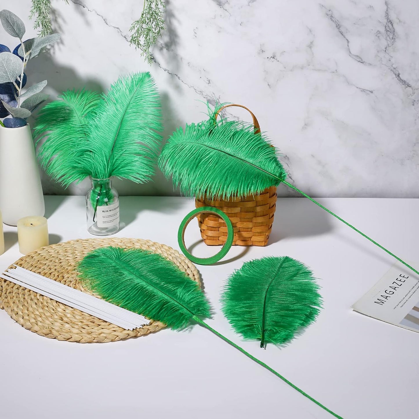 Holmgren Natural Green Ostrich Feather - 20pcs Making Kit 22 Inch Large Ostrich Feathers for Vase, Floral Arrangement, Wedding Party Centerpieces Home Decorations (Green)