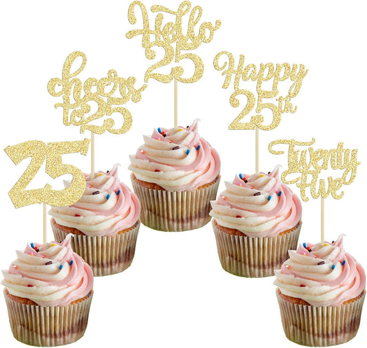 30pcs 25th Birthday Cupcake Toppers - 25th Anniversary Cake Decorations with Gold Glitter