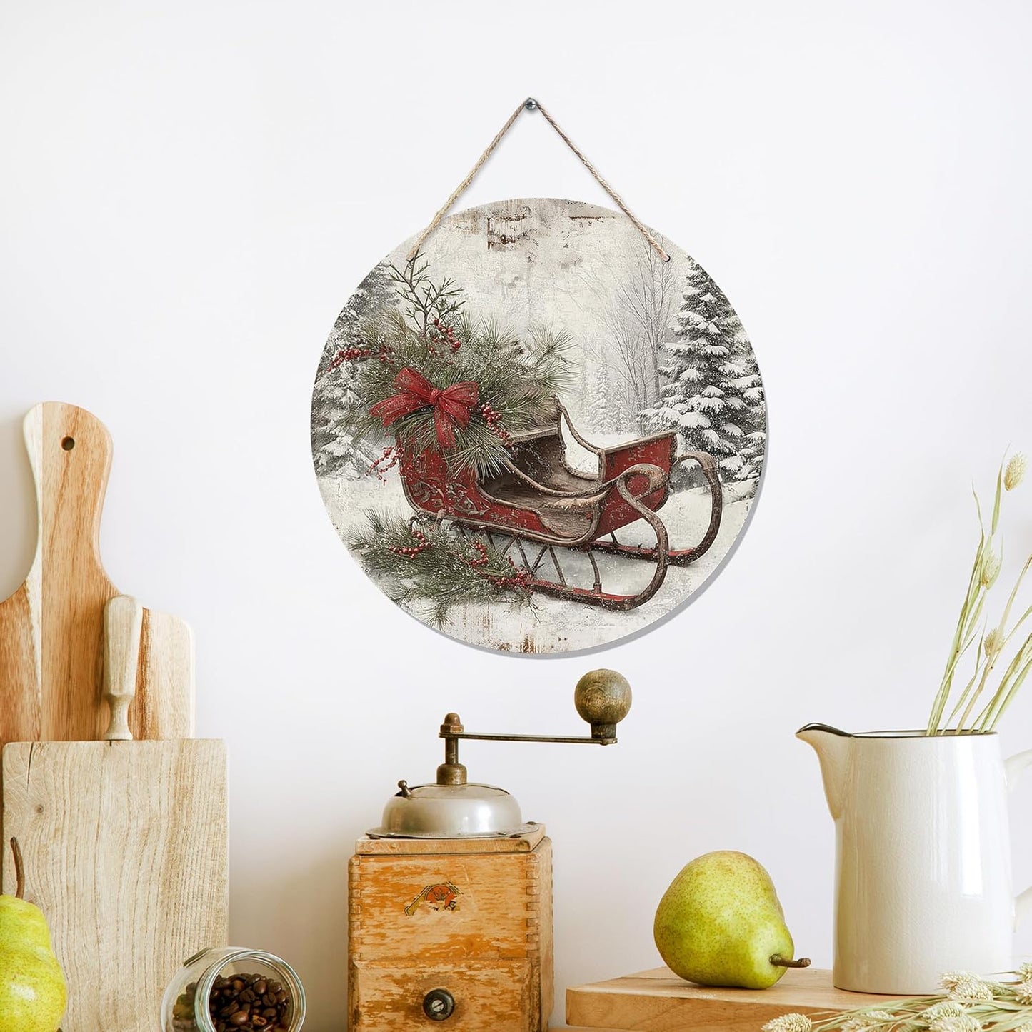 CGBHW Christmas Winter Sleigh Wooden Sign, Vintage Farmhouse Country Cozy Winter Xmas Hanging Sign Wall Decor for Home Bedroom Living Room, Holiday Snowy Door Decor 12 x 6 Inch