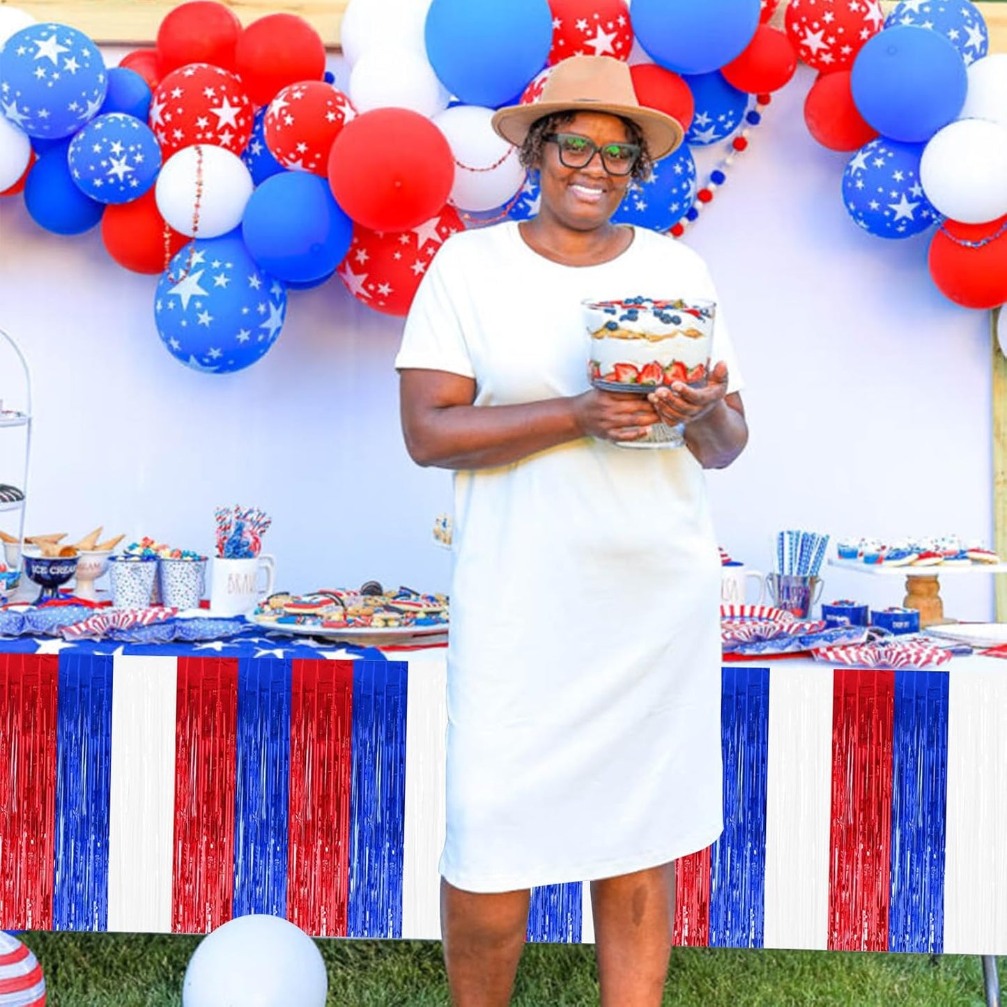 BEISHIDA 2 Pack Metallic Tinsel Foil Fringe Table Skirts for Rectangle & Round Tables Red, Blue, White Kids' Birthday, Holiday Cartoon Party Decorations Birthday, July 4th, Baby Shower, Festive Events