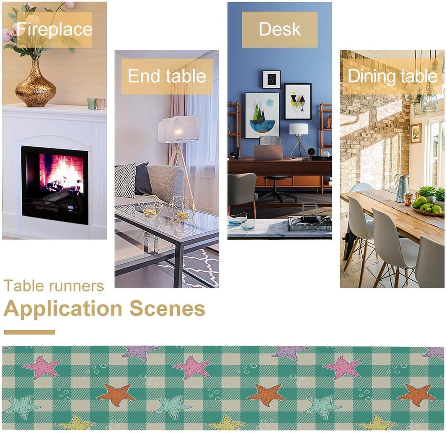 Starfish Plaid Table Flag Green Plaid and Marine Life Starfish Kitchen Table Flag Suitable for Birthday Party Restaurant Decoration Outdoor Picnic 13 * 108 Inch