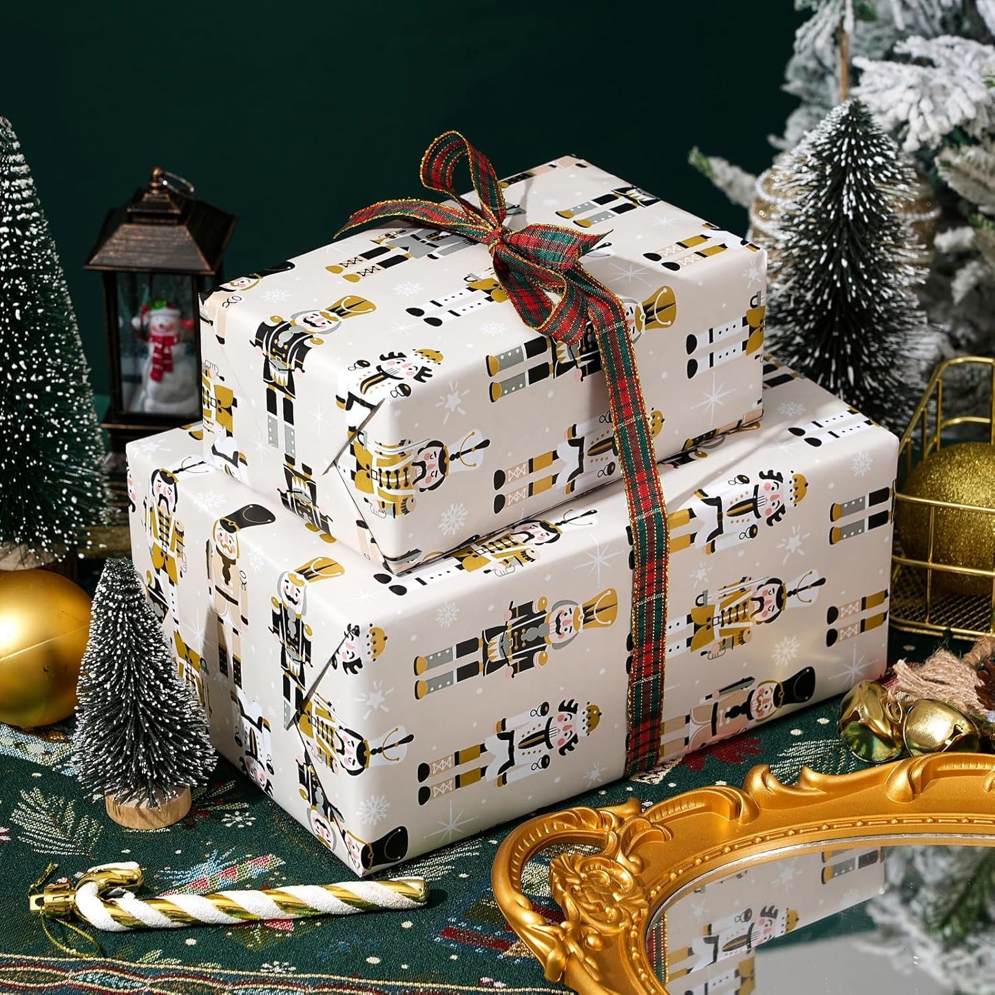 Ulmasinn Reversible Christmas Wrapping Paper Roll - 17" x33ft Double-Sided Designs with Luxury, Gold Nutcracker & Minimalist Black Forest, Xmas Gift Wrap for Presents, Table Decor & Crafting