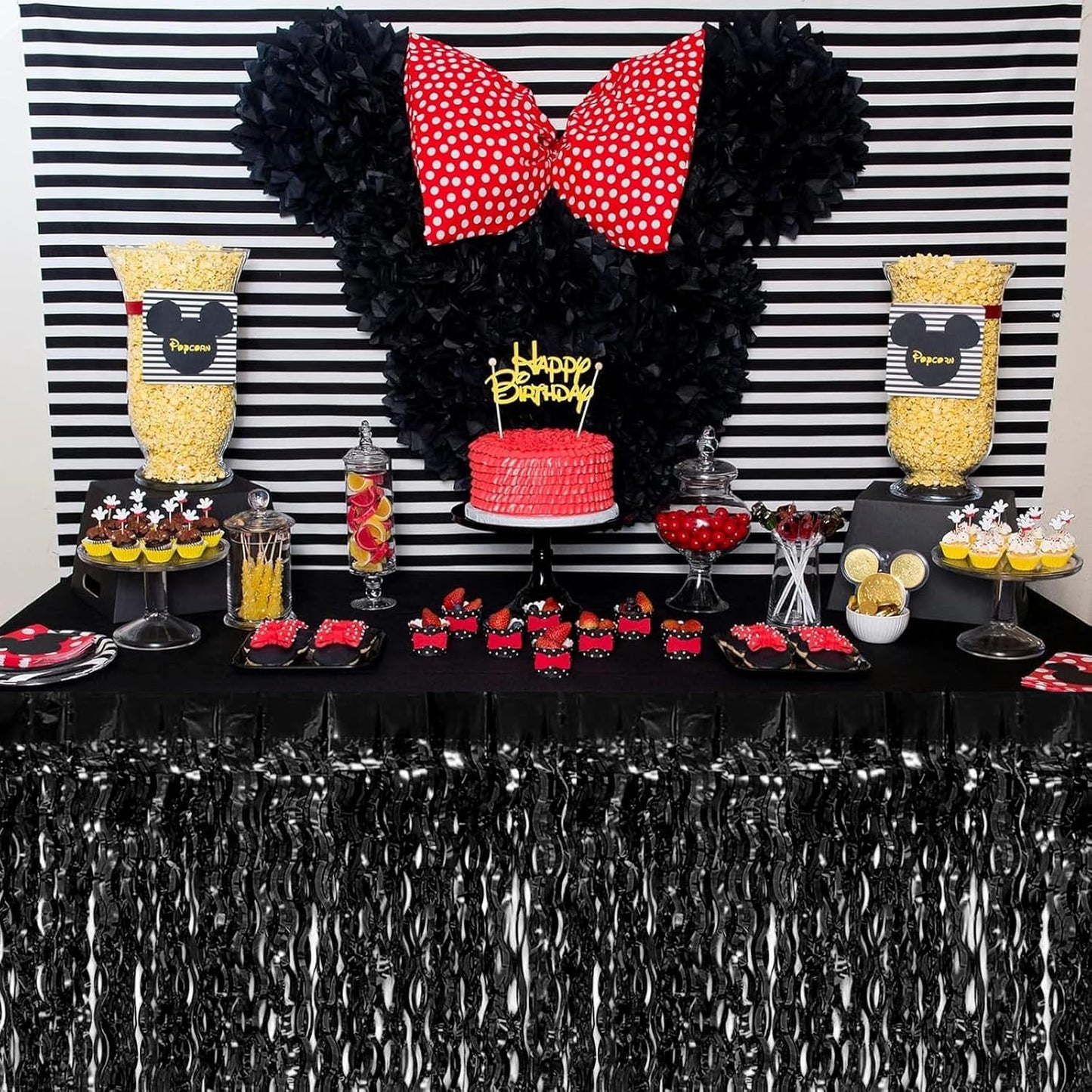 4P Wavy Metallic Tinsel Foil Fringe Table Skirts for Rectangle Tables Backdrop Garland Curtains for Parade Floats Wedding Birthday Parties Decoration Graduation 2025 Christmas (Black)