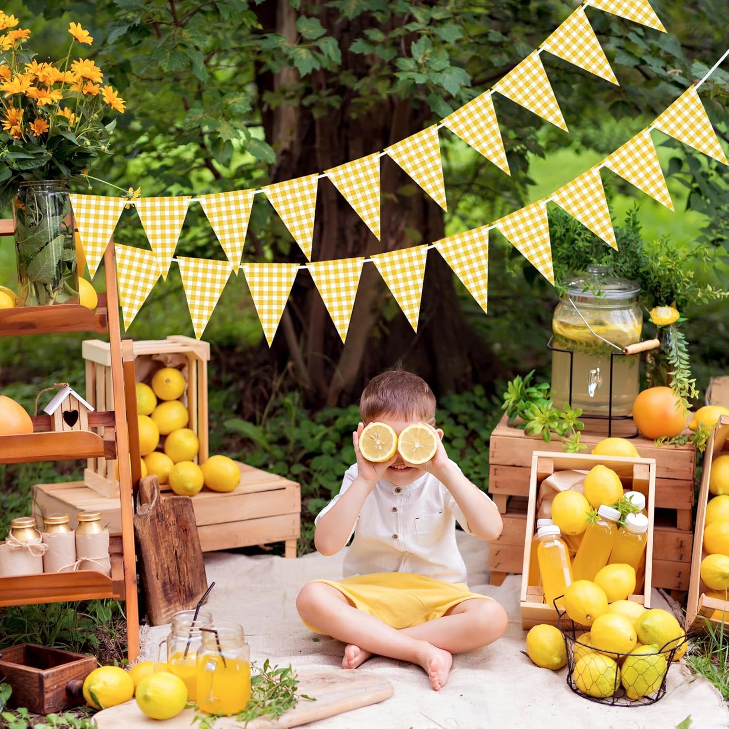 Yellow Gingham Banner for Picnic, BBQ Themed Party Decorations, Yellow and White Checkered Bunting Flag Garland for Lemon Wedding Baby Shower Birthday Party Supplies