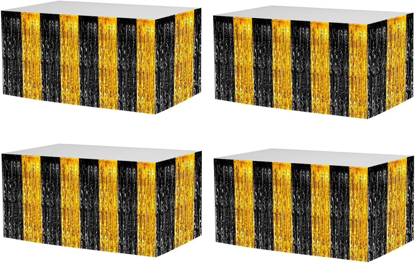4 Pack 29x108 Inch Metallic Foil Fringe Tinsel Table Skirts for Rectangle Tables Streamer Backdrop for Wedding, Birthday, Parade Floats, Christmas, Halloween Party Decoration(Black Gold)