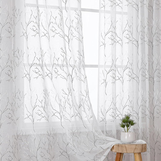 VISIONTEX Sheer Curtains 63 inch Length 2 Panels Set, Decorative Grey Coral Embroidery, Rod Pocket Embroidered Window Drapes for Living Room and Bedroom, 54" x 63"