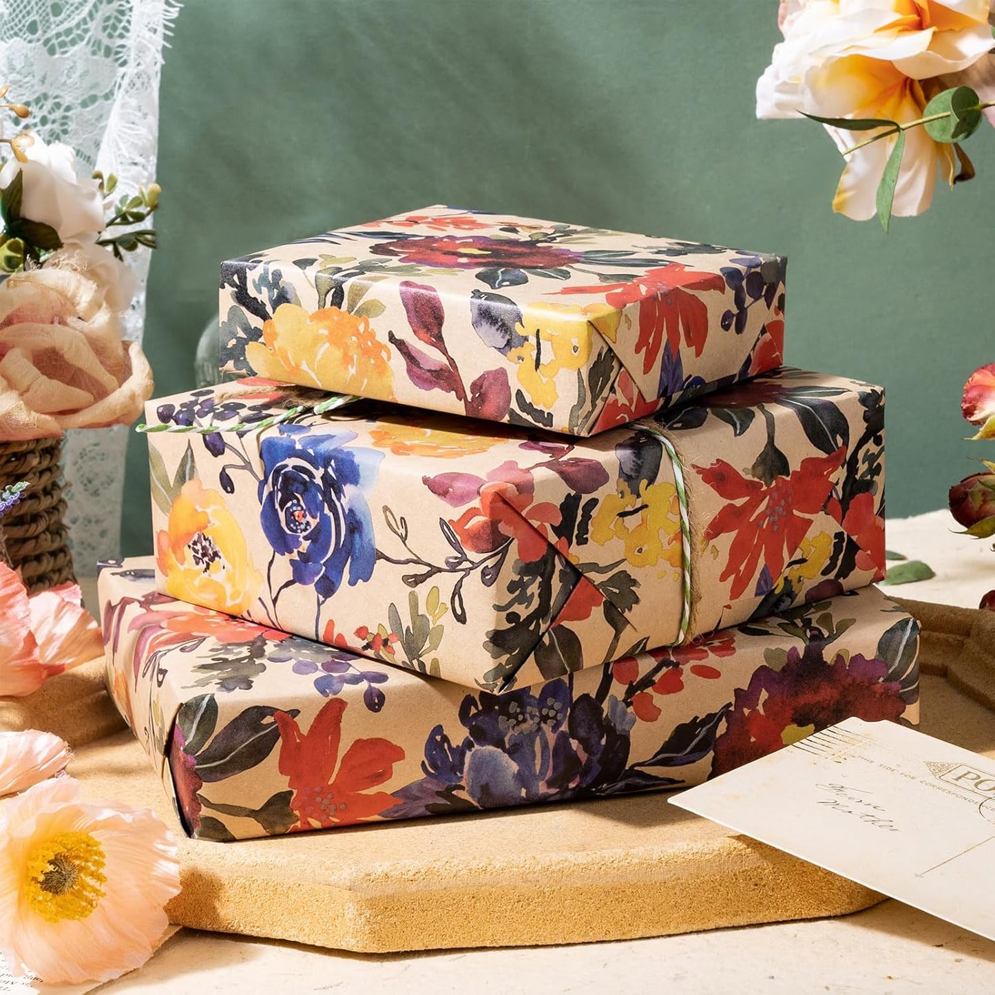 RUSPEPA Watercolor Floral Gift Wrapping Paper - Mini Roll - Kraft Paper Roll for Girls, Women, Bridal Shower and Birthday - 17 Inches x 16. 4 Feet