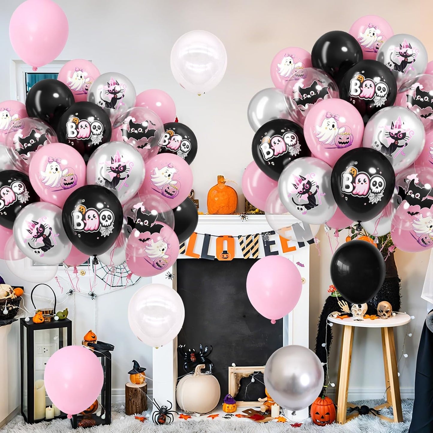 Halloween Party Balloons Decorations,12 Inch Pink and Black Balloons Set Pink Silver Print Balloon Cute Balloon for Halloween Themed Party Supplies