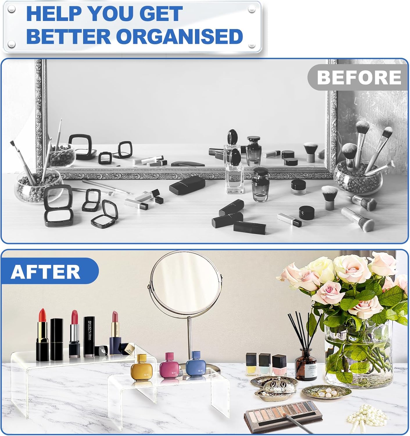 Aheroi Large Acrylic Risers, 10 Pcs 2 Set(7”L~8”L~9”L) Riser Display Shelf, Clear Rectangular Display Stands Set, Transparent Shelves for Decor, Showcase Holder for Cupcake