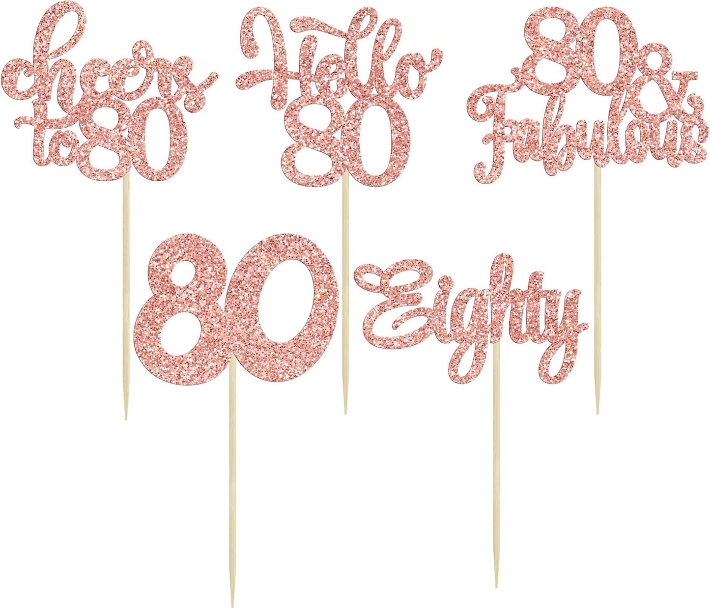 30Pcs Happy 80th Birthday Cupcake Toppers Eighty Cheers to 80 Years Old Birthday Cupcake Picks for Happy 80th Birthday Anniversary Party Cake Decorations Rose Gold Glitter