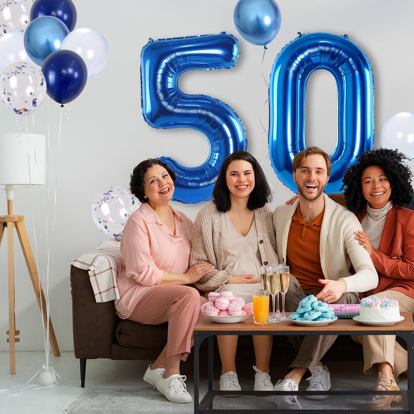 50th Birthday Balloon for Boys, Foil 40 Inch Self Inflating Balloon Number 50 Metallic Dark Blue, Navy Blue 50 Mylar Large Balloon with Silver Confetti Latex Balloon for Men Birthday Party Decorations