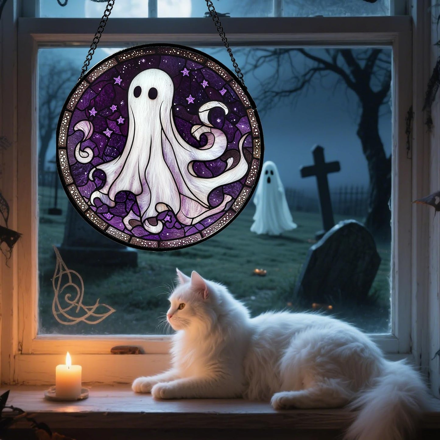 Stained Glass Window Hanging - Halloween Decorations White Ghost Purple Stars Suncatcher for Doors Garden Spooky Funny Sun Catchers Gothic Decor Horror Gifts for Women Men Friend 6.3 in