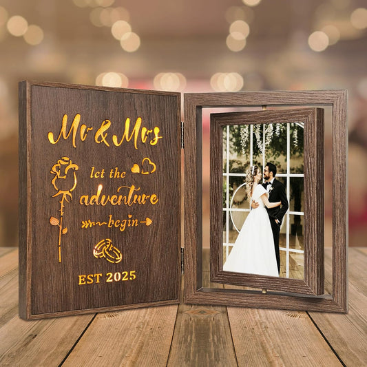 Light Up Wedding Photo Frame Gifts for Couples 2025 - Rotating Glowing Picture Frame Mr and Mrs Bridal Shower Gifts for the Bride Newly Wed Couple - Vintage Decor Holds 2 4x6 Photos