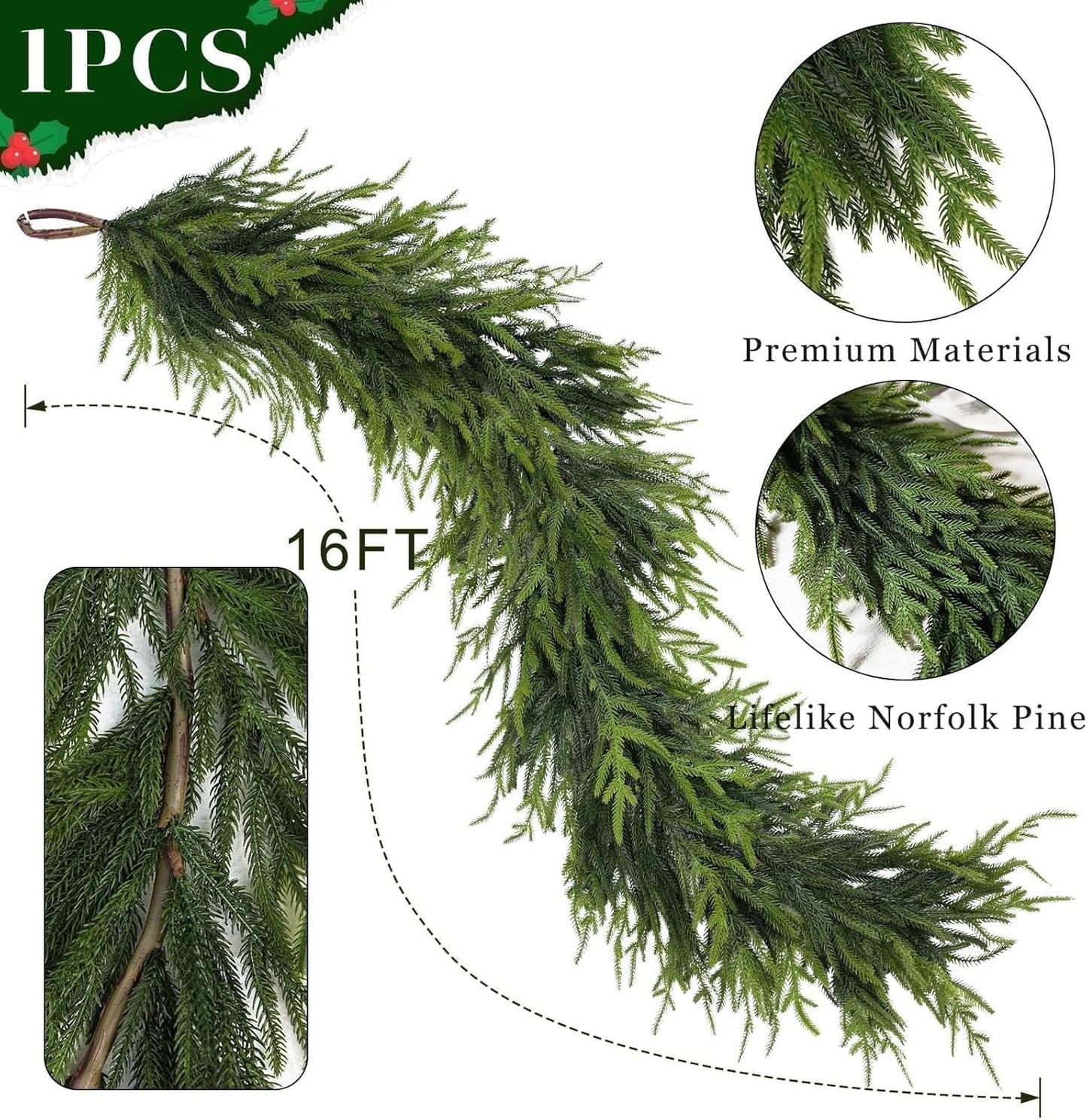 16FT Christmas Artificial Norfolk Pine Garland for Fireplace - Realistic Faux Greenery Fake Garland for Holiday,Table, Window,Mantel,Stairs, Home,Indoor Outdoor Decor (1PCS)