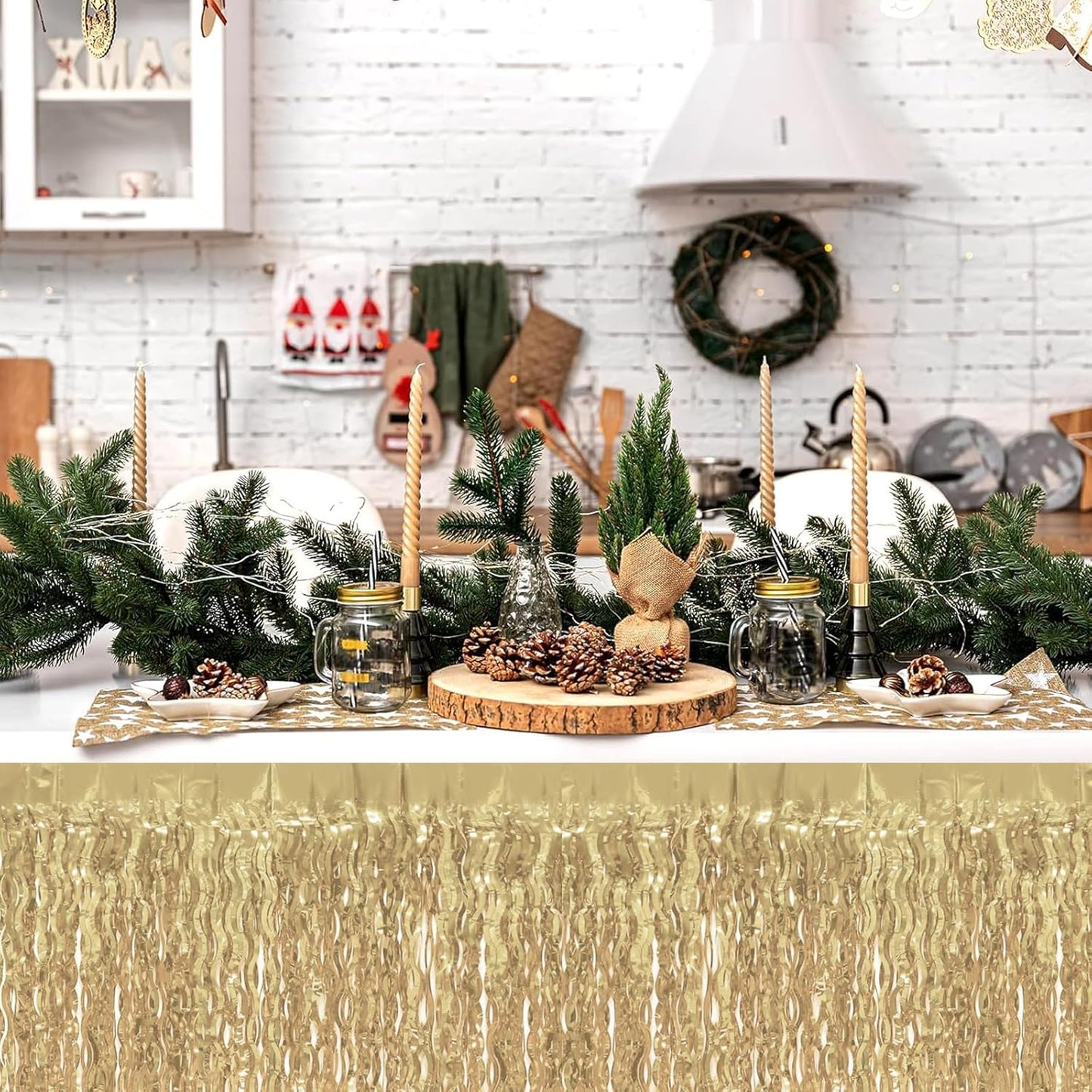 4P Wavy Metallic Tinsel Foil Fringe Table Skirts for Rectangle Tables Backdrop Garland Curtains for Parade Floats Wedding Birthday Parties Decoration Graduation 2025 Christmas (Champagne)