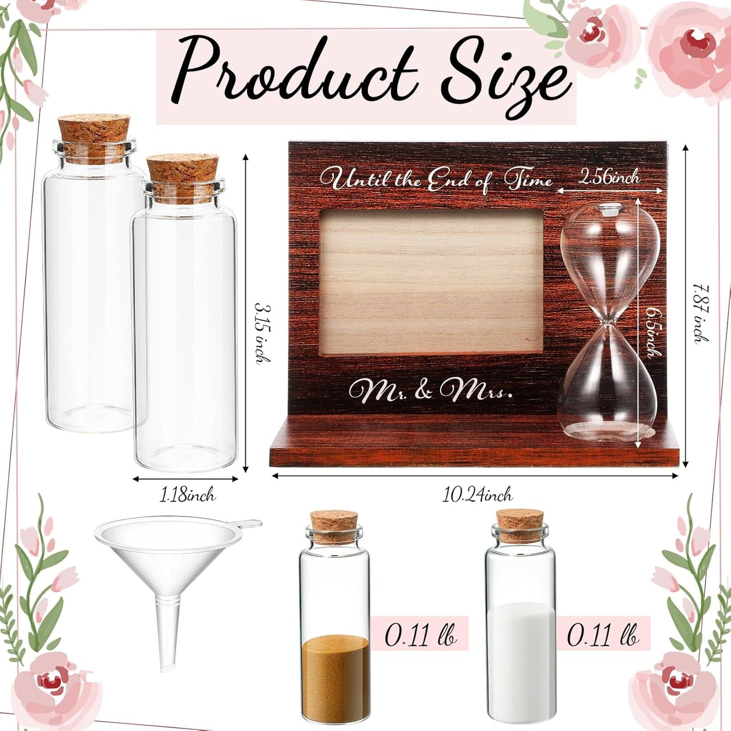 Blosssound Wedding Sand Ceremony Set Wooden Photo Frame, Hourglass Funnel, Sand, Glass Bottles, Mr and Mrs Until The End of Time Unity Kit for Weddings Ceremony Party Supplies(Walnut)