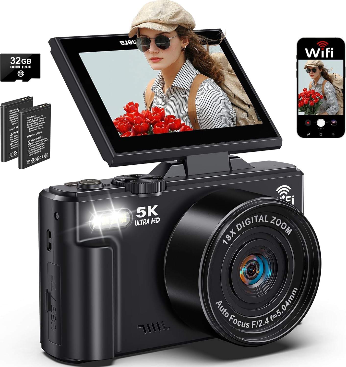 5K Digital Camera for Photography, 75MP WiFi Vlogging Camera for YouTube with 3" 180° Flip Screen, 18X Zoom UHD Autofocus Video Camara with 32GB SD Card, 2 Batteries