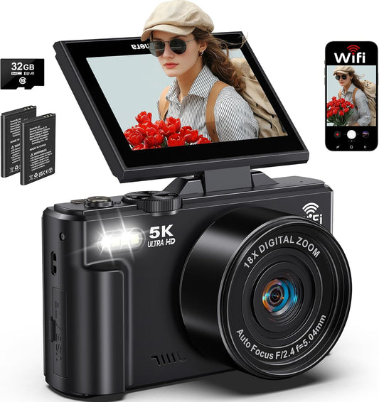 5K Digital Camera for Photography, 75MP WiFi Vlogging Camera for YouTube with 3" 180° Flip Screen, 18X Zoom UHD Autofocus Video Camara with 32GB SD Card, 2 Batteries