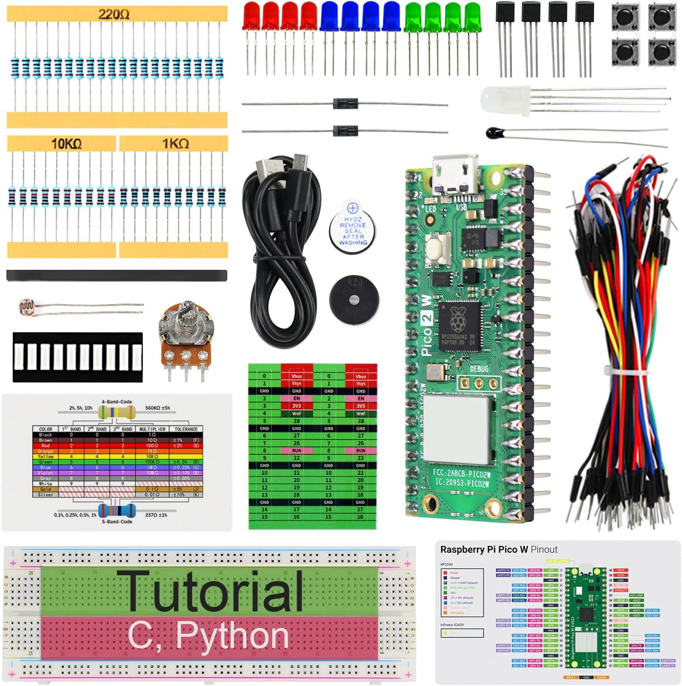 Freenove Basic Starter Kit for Raspberry Pi Pico 2 W (Included), Dual Arm Cortex-M33 and Dual Hazard3 RISC-V Microcontroller, 386-Page Detailed Tutorial, 142 Items, 55 Projects, Python C Code