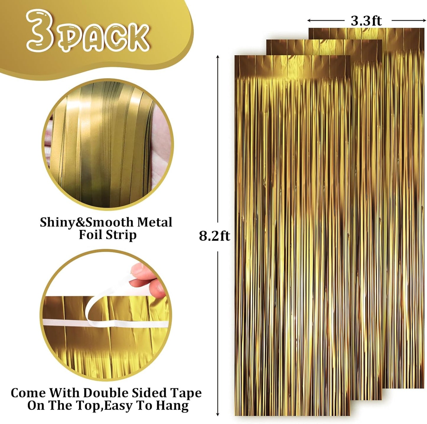 3 Pack 3.3 x 8.2 ft Matte Gold Foil Fringe Backdrop Curtains, Tinsel Streamers Party Decorations, Fringe Backdrop, Door Shimmer for Graduation, New Years Eve, Birthday Party