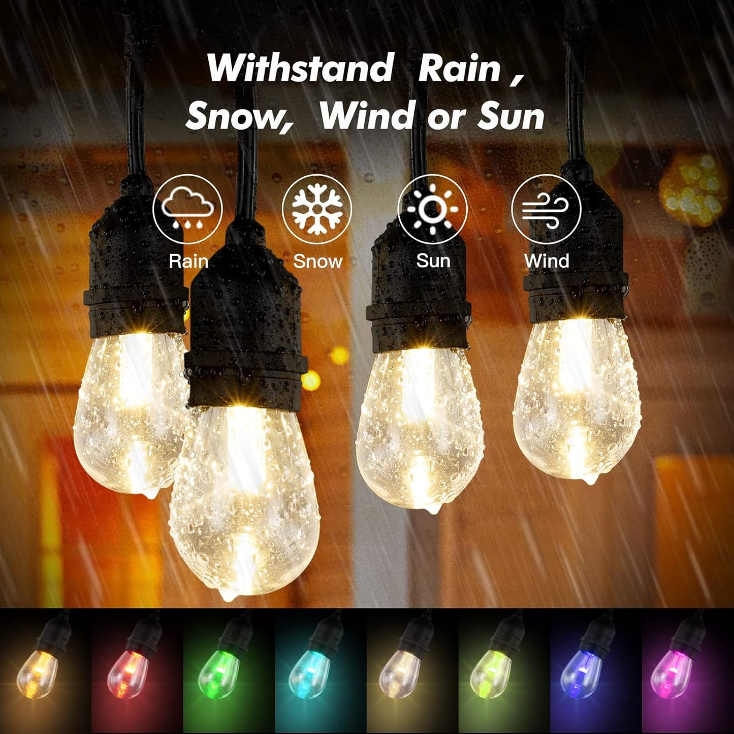 48FT RGB Outdoor String Lights, 15 Shatterproof Edison LED Bulbs, Waterproof Color Changing Patio Lights with Remote. Dimmable Decorative Lighting for Backyard, Camping.