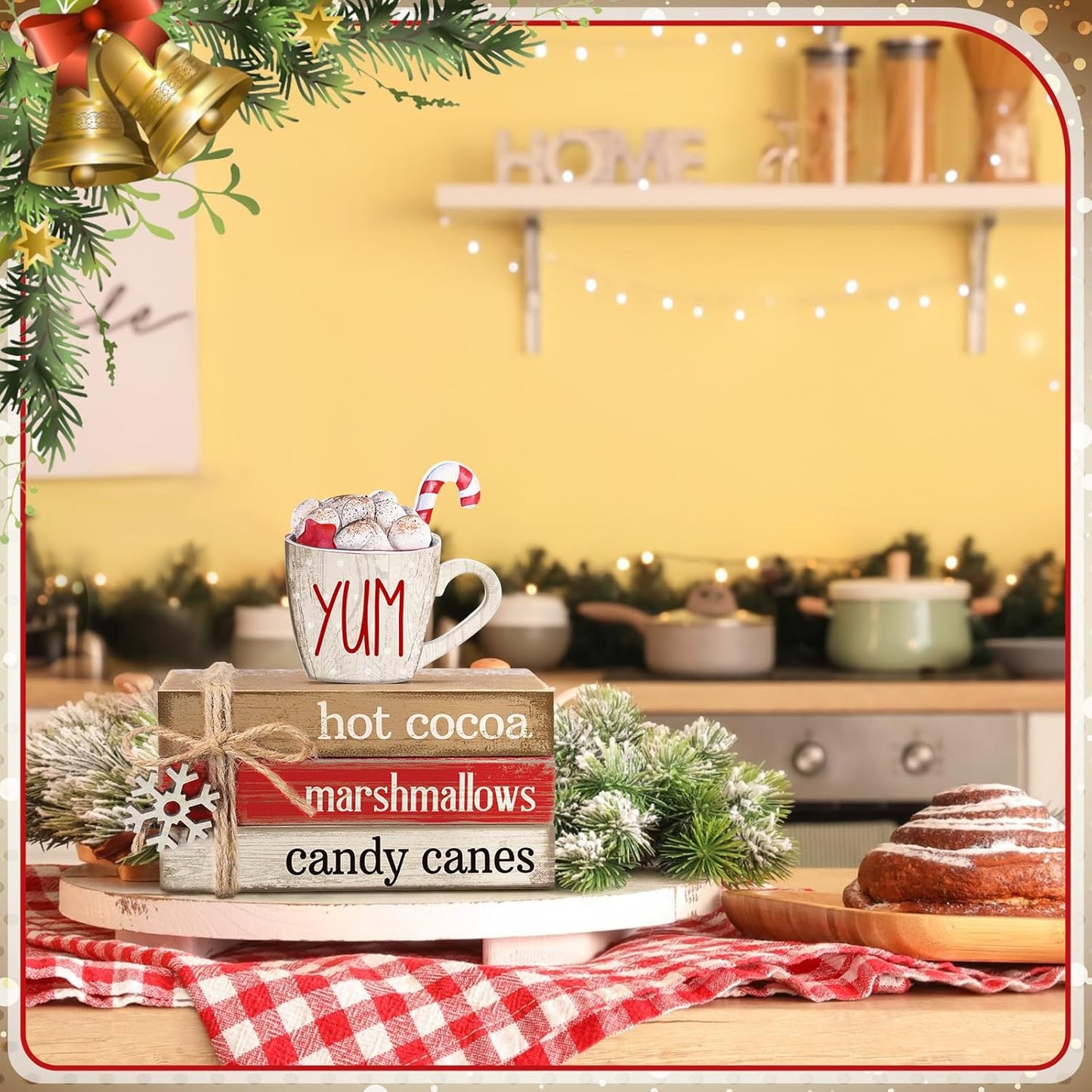 4 Pcs Christmas Table Decorations Winter Snowflake Tiered Tray Decorations Decorative Mini Wooden Books Subject Signs Block Centerpiece for Office Tabletop Shelf Housewarming Gifts