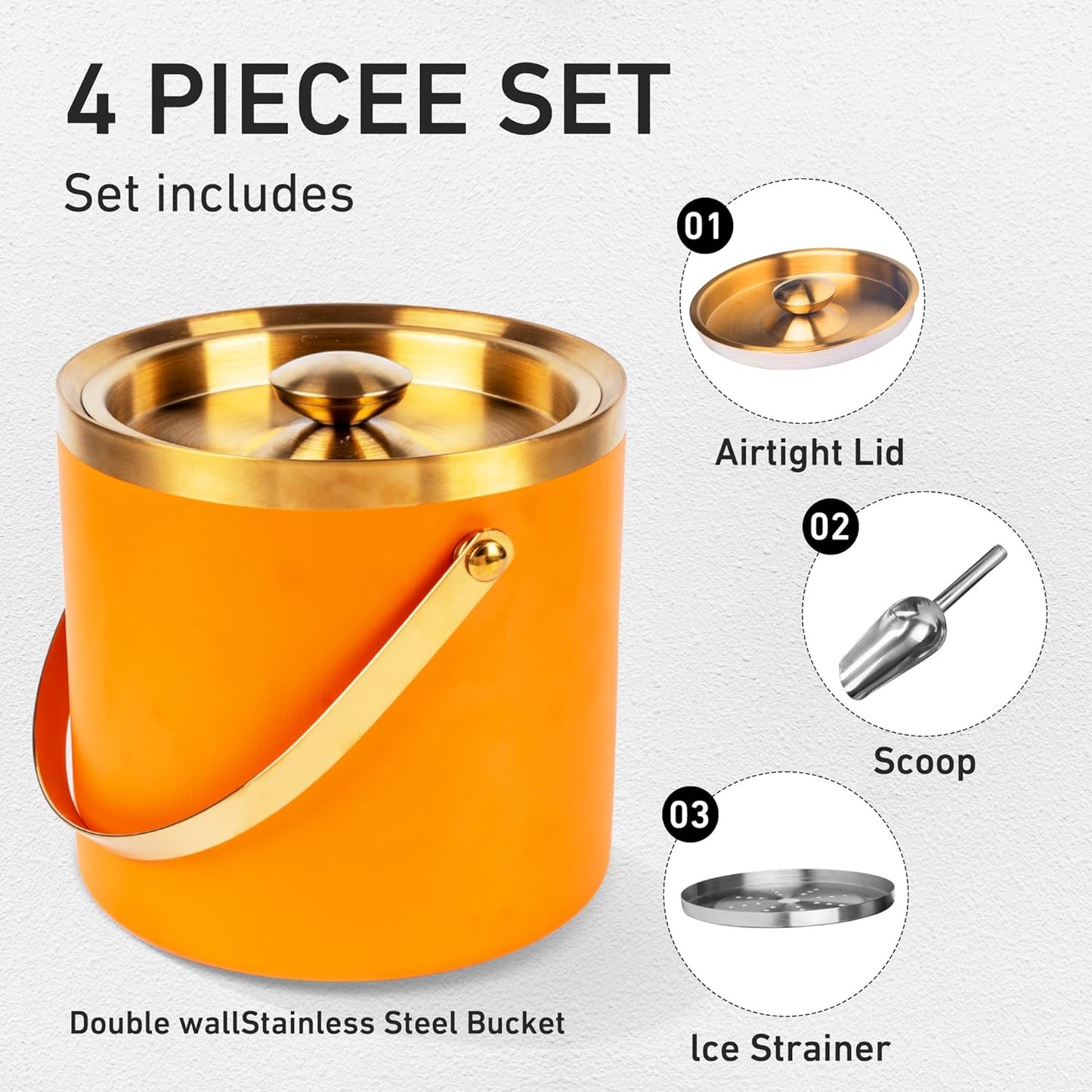 3L Double Wall Insulated Stainless Steel Ice Bucket with Strainer for Cocktail Bar,Metal Ice Bucket for freezer with Lid for parties.ice Container to Keep Ice Colder,bar cart accessories(Orange)