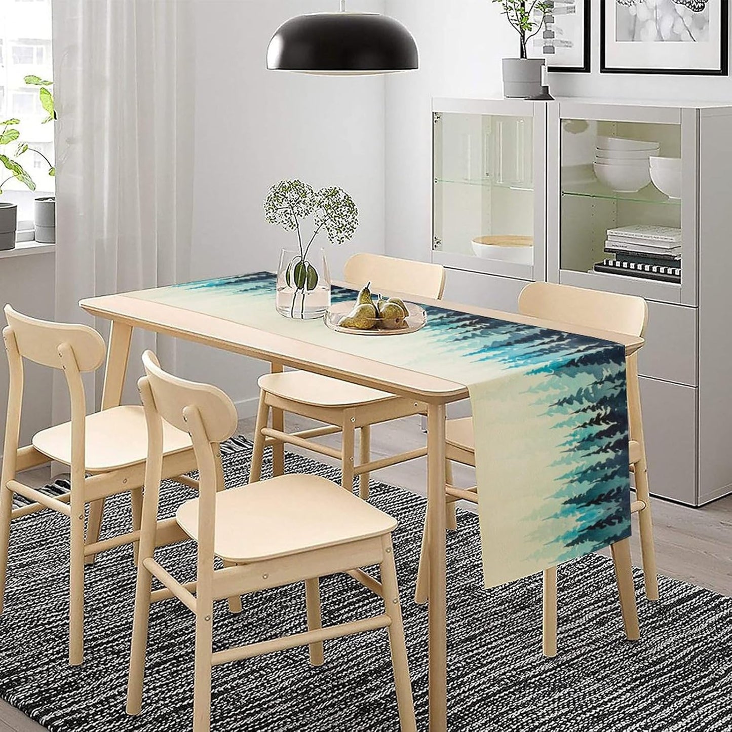 Misty Forest Table Runner,Foggy Blue Forest Landscape Table Runner for Kitchen Dining Table Home Party Decoration 13x60 Inch