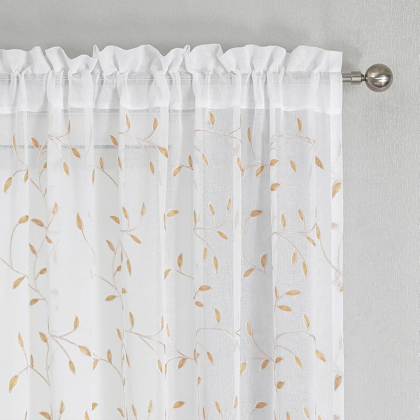 VISIONTEX White Sheer Voile Curtains, Decorative Orange Leaves Embroidery Faux Linen Rod Pocket Window Drapes for Home Kitchen, Living Room and Bedroom 54 x 54 Inch, Set of 2 Curtain Panels